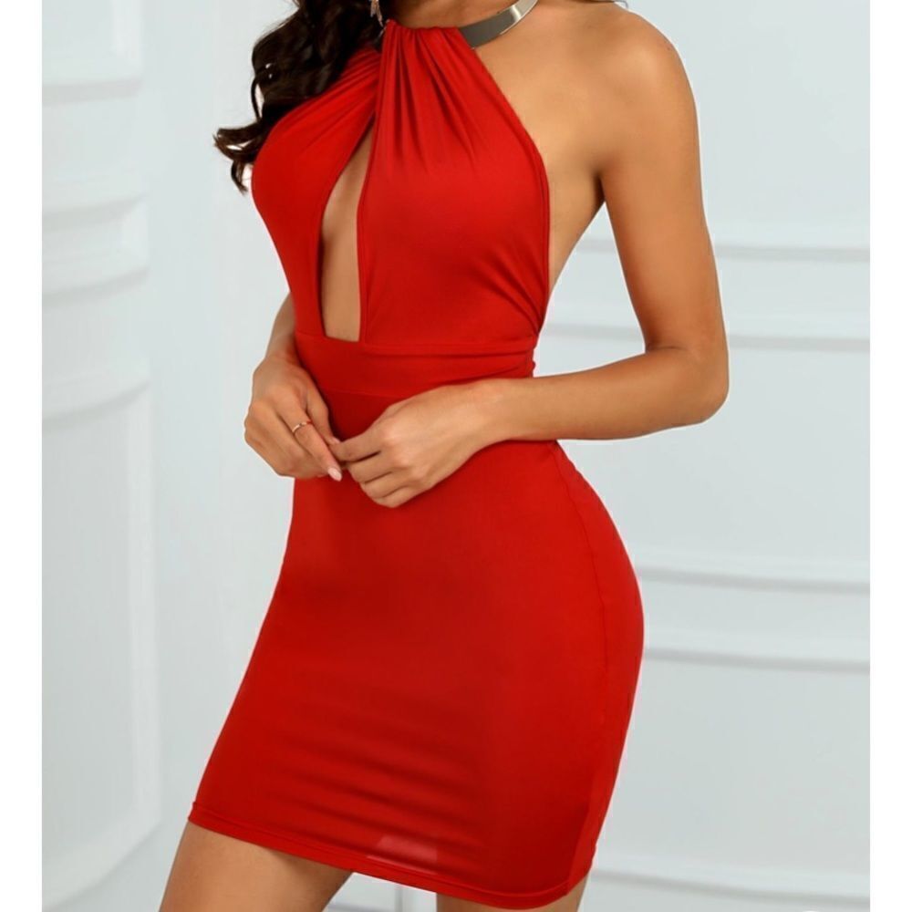 Cherry Red w/ Gold Bodycon Keyhole Cut Out Dress